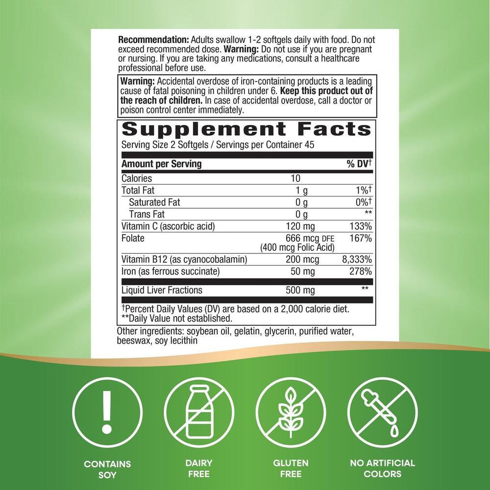 Nature's Way Ultimate Iron serving guide showing two softgels daily with food.