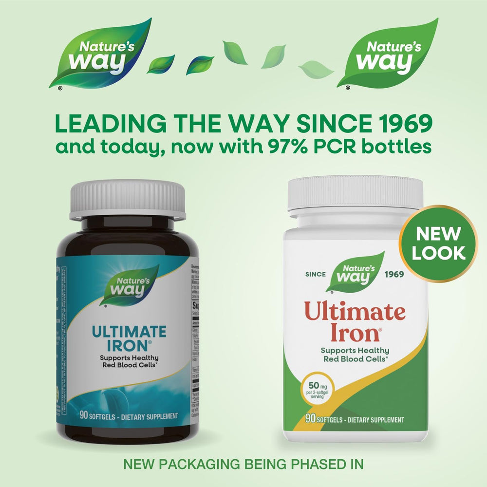 Nature's Way Ultimate Iron softgels close-up for easy daily iron intake.