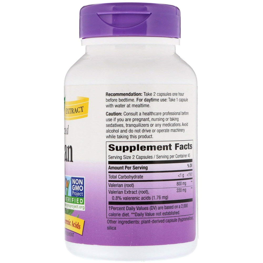 Close-up of Nature's Way valerian capsules highlighting the 2-capsule serving.