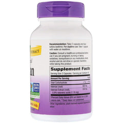 Close-up of Nature's Way valerian capsules highlighting the 2-capsule serving.