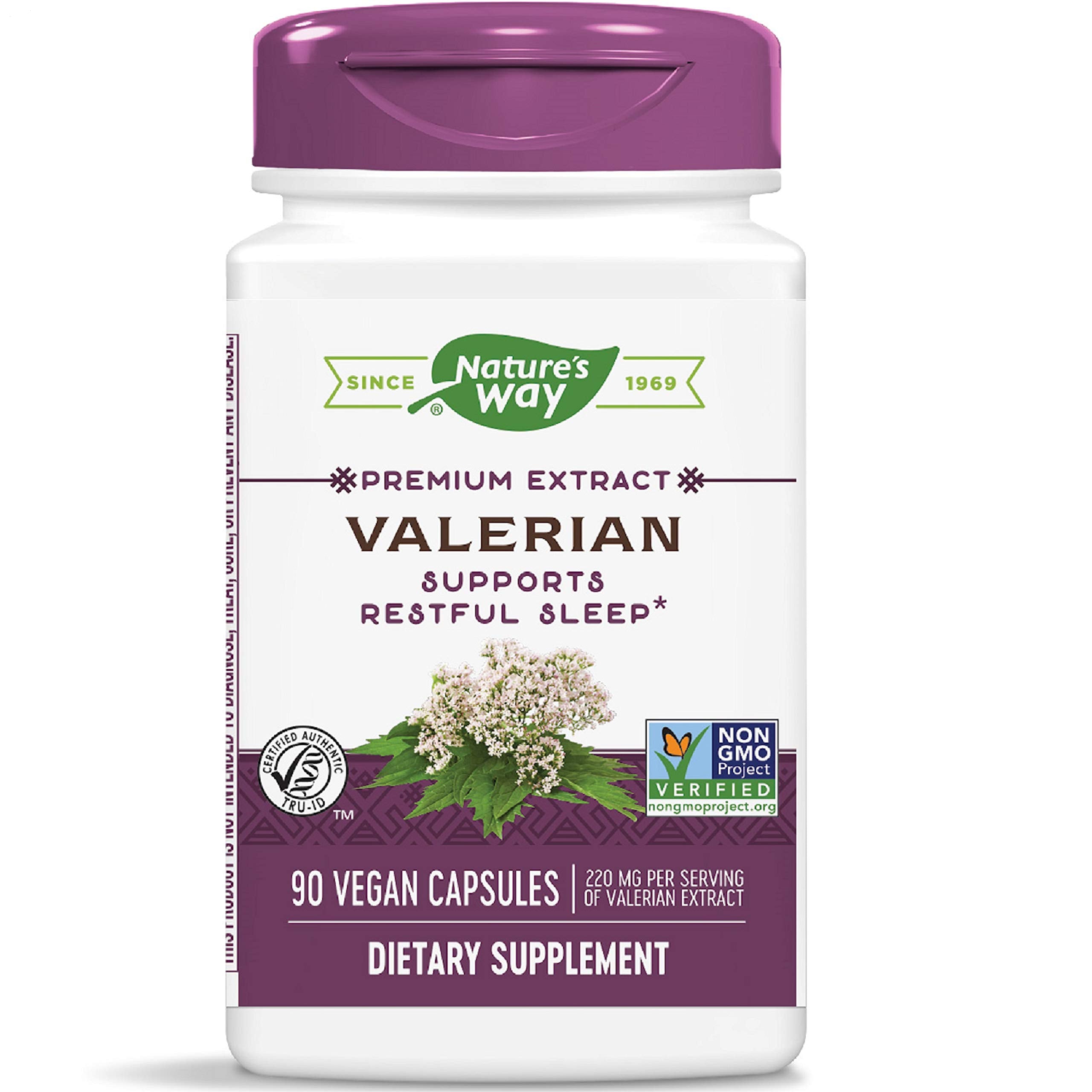 Front packaging shows non-GMO vegan formula for a herbal sleep aid.