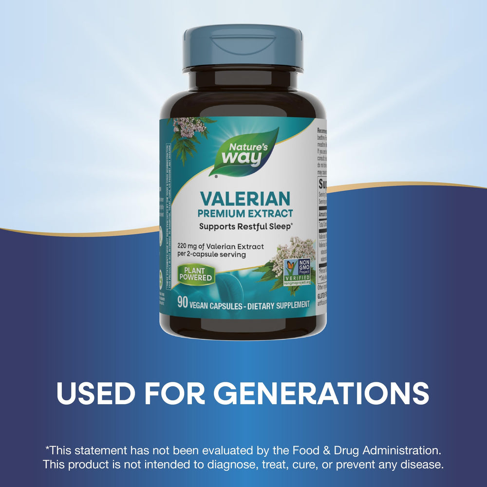 Nighttime routine with Nature's Way Valerian Premium Extract on a bedside table