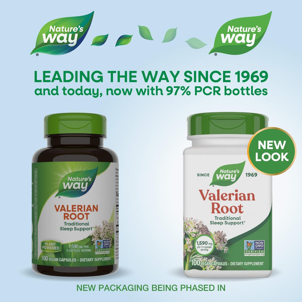 Nature's Way Valerian Root capsules close-up showing 1,590 mg per serving