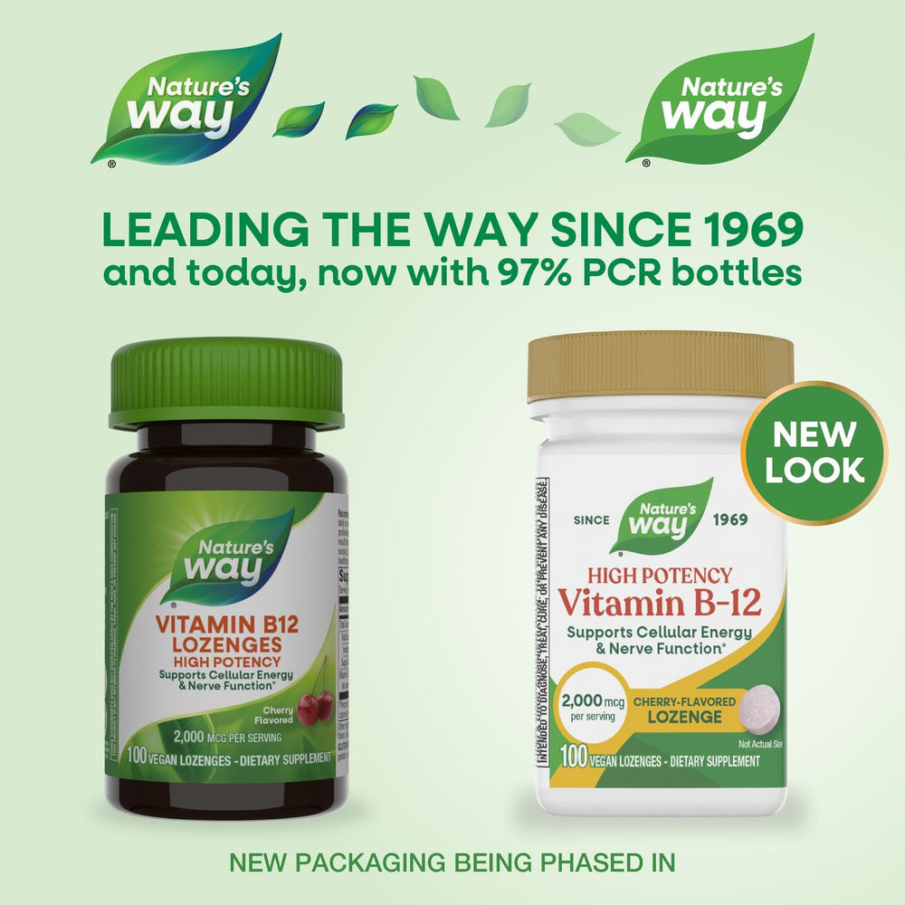 Cherry-flavored Nature's Way B-12 lozenges bottle highlighting daily vitality