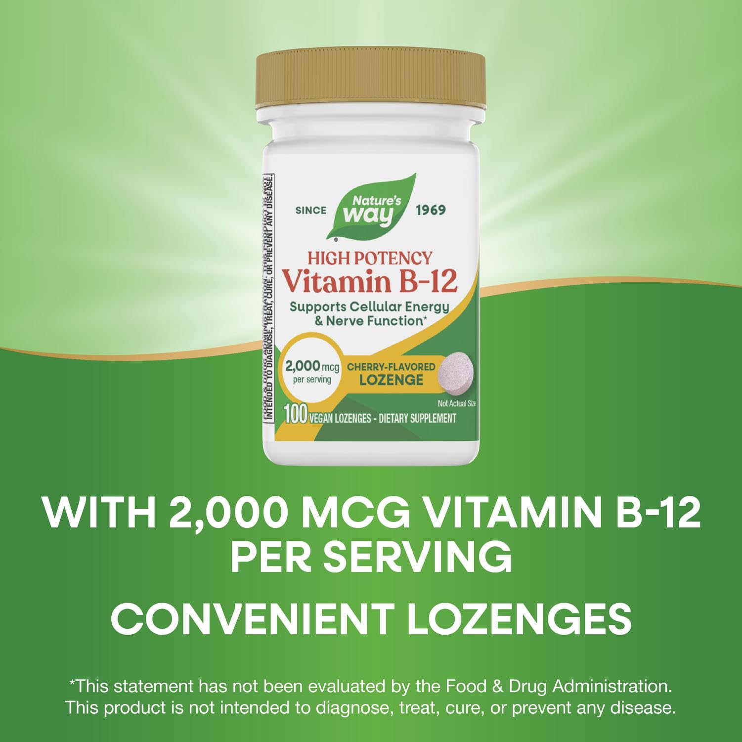 Lozenge dissolving in the mouth for quick absorption, Nature's Way B-12