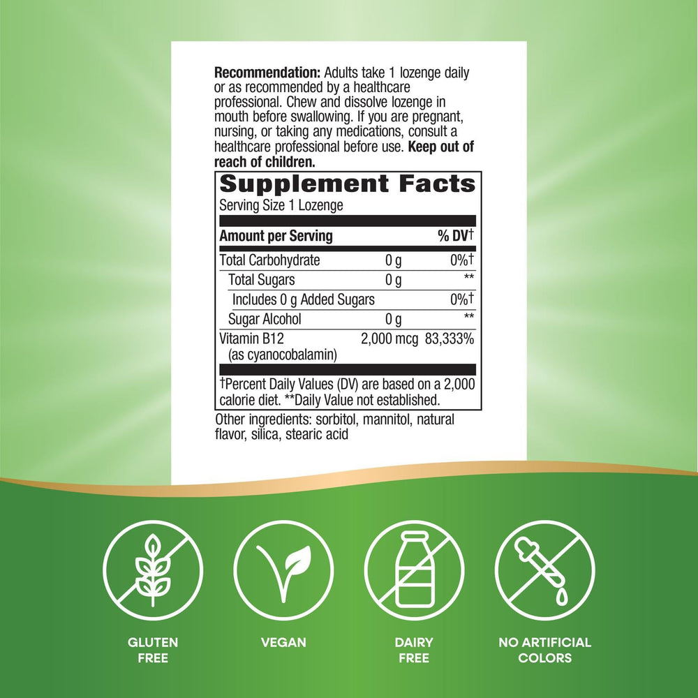 Nature's Way B-12 lozenge label emphasizes vegan and gluten-free ingredients