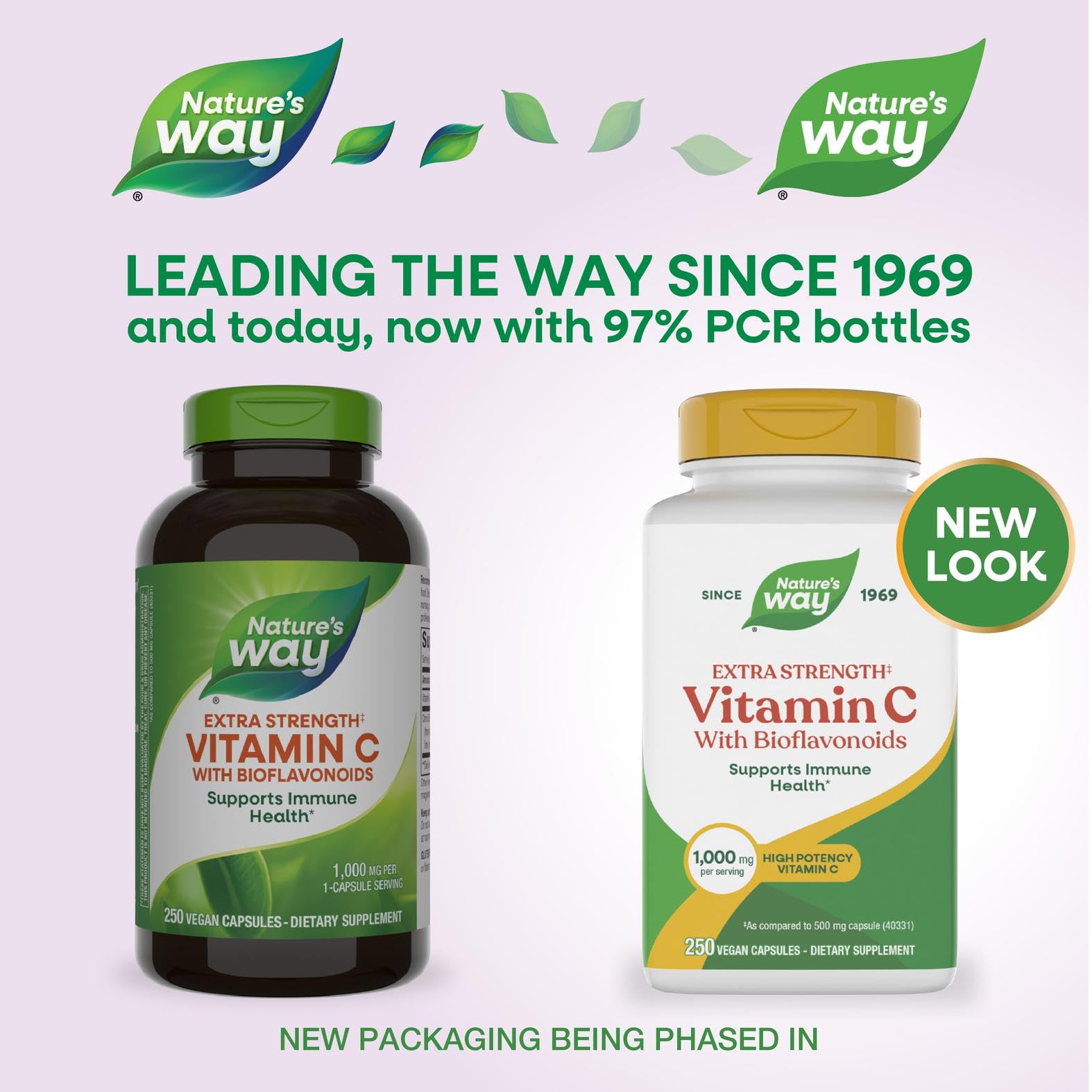 Nature's Way Vitamin C capsules close-up showing 1 g dose per capsule.
