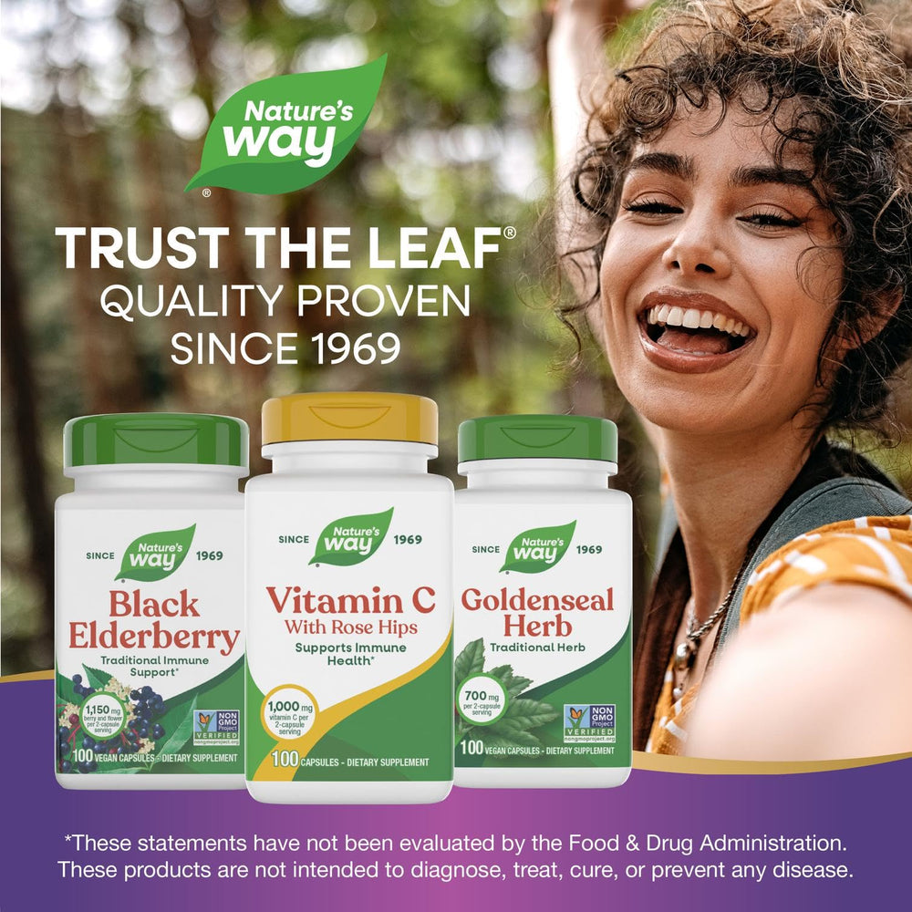 Nature's Way Vitamin C with Rose Hips bottle shows 1,000 mg potency per serving.