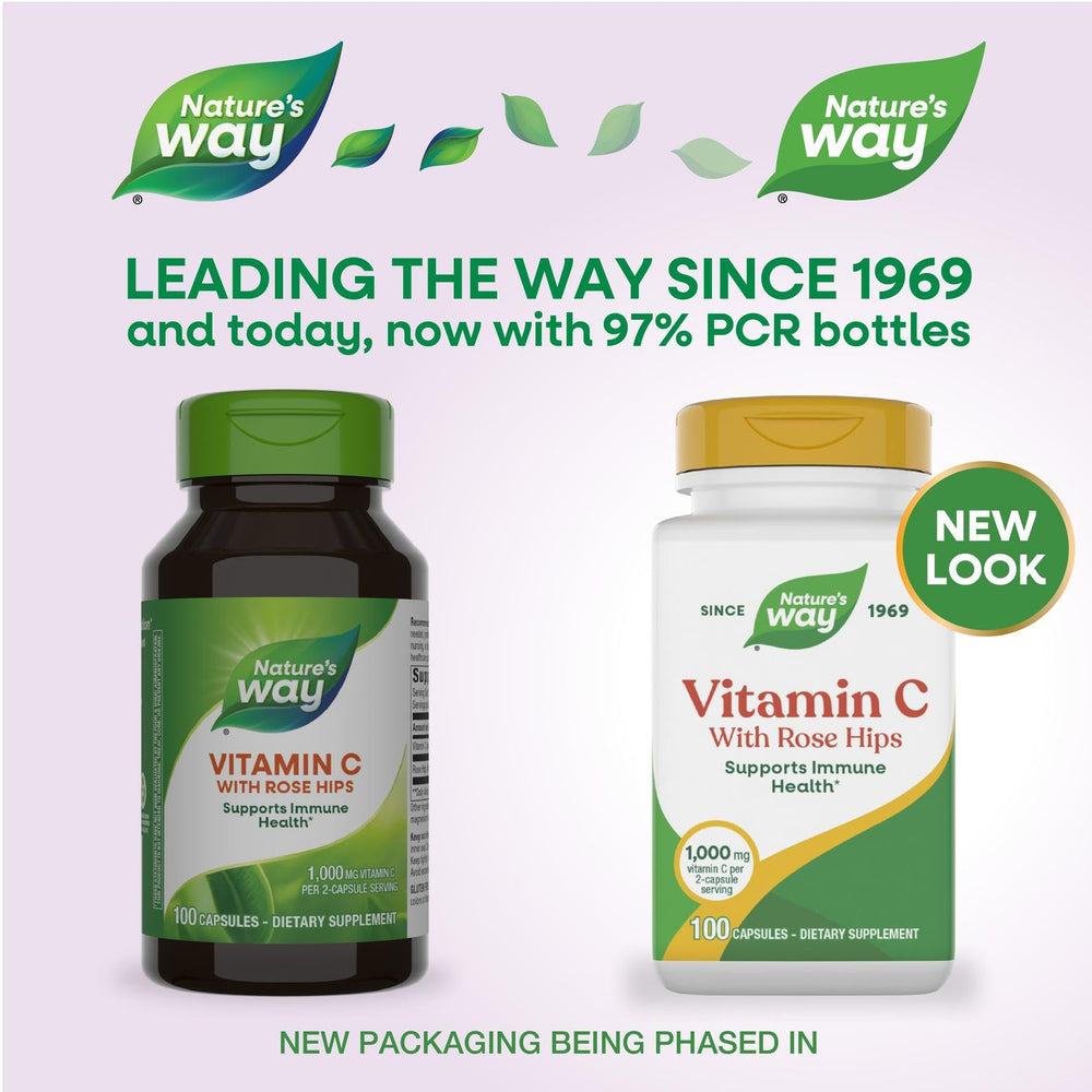 Close-up of Nature's Way Vitamin C with Rose Hips capsules for convenient daily use.