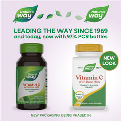 Close-up of Nature's Way Vitamin C with Rose Hips capsules for convenient daily use.
