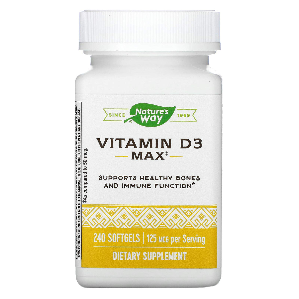 Nature's Way Vitamin D3 Max bottle highlights high-potency D3 for bones.