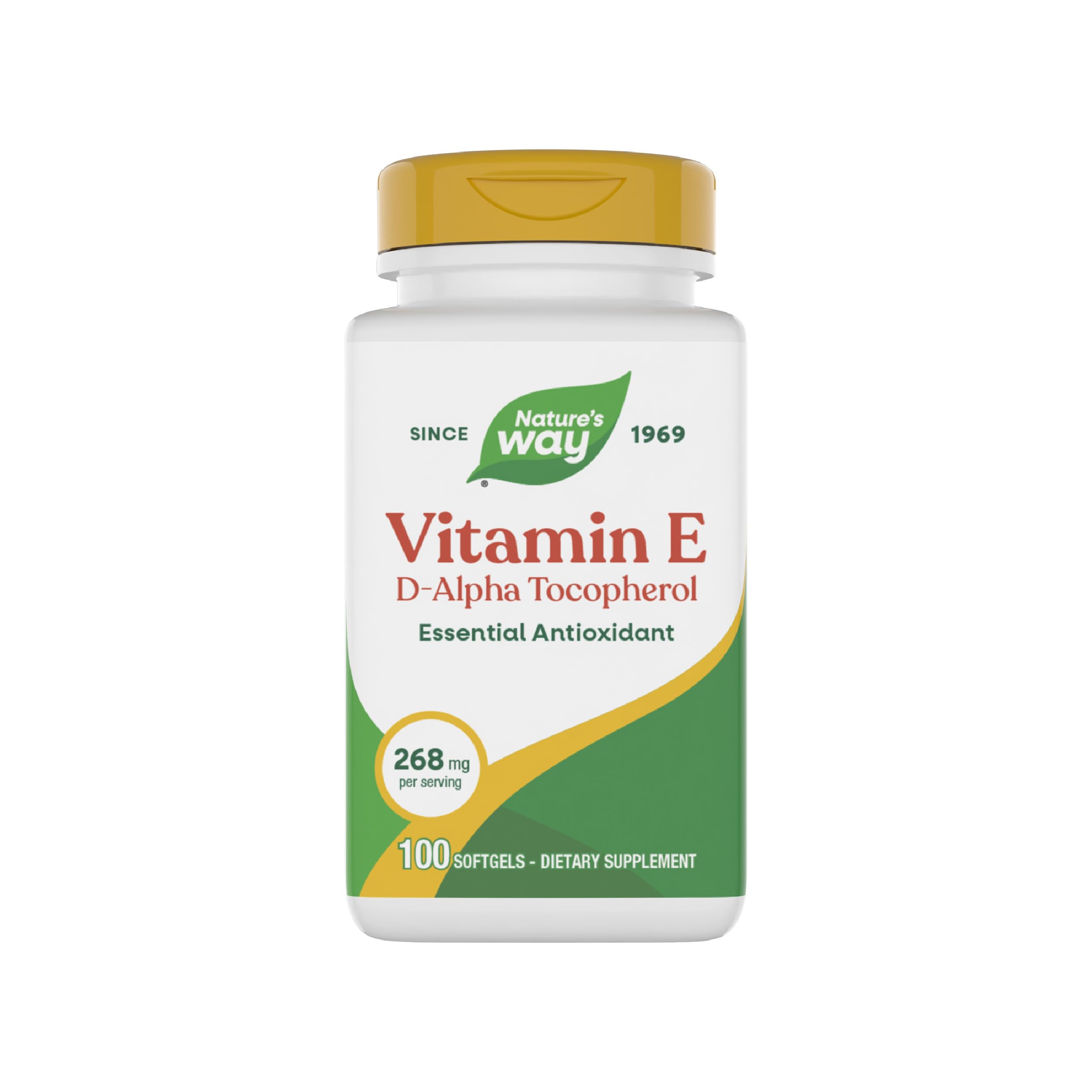 Nature's Way Vitamin E softgel bottle shown for daily antioxidant support.