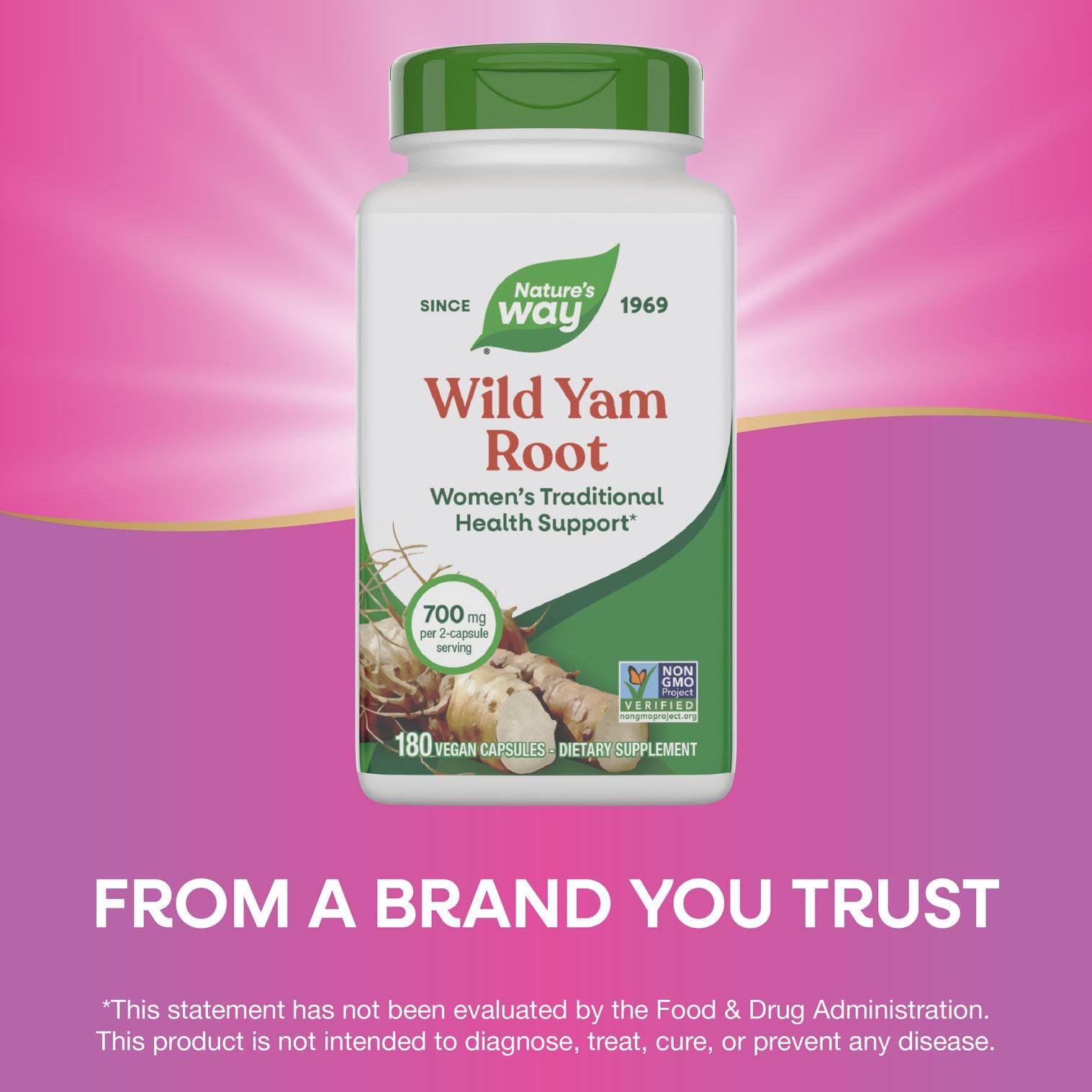 Nature's Way Wild Yam Root packaging variations shown for daily use
