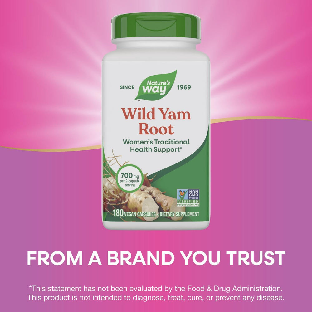 Nature's Way Wild Yam Root packaging variations shown for daily use