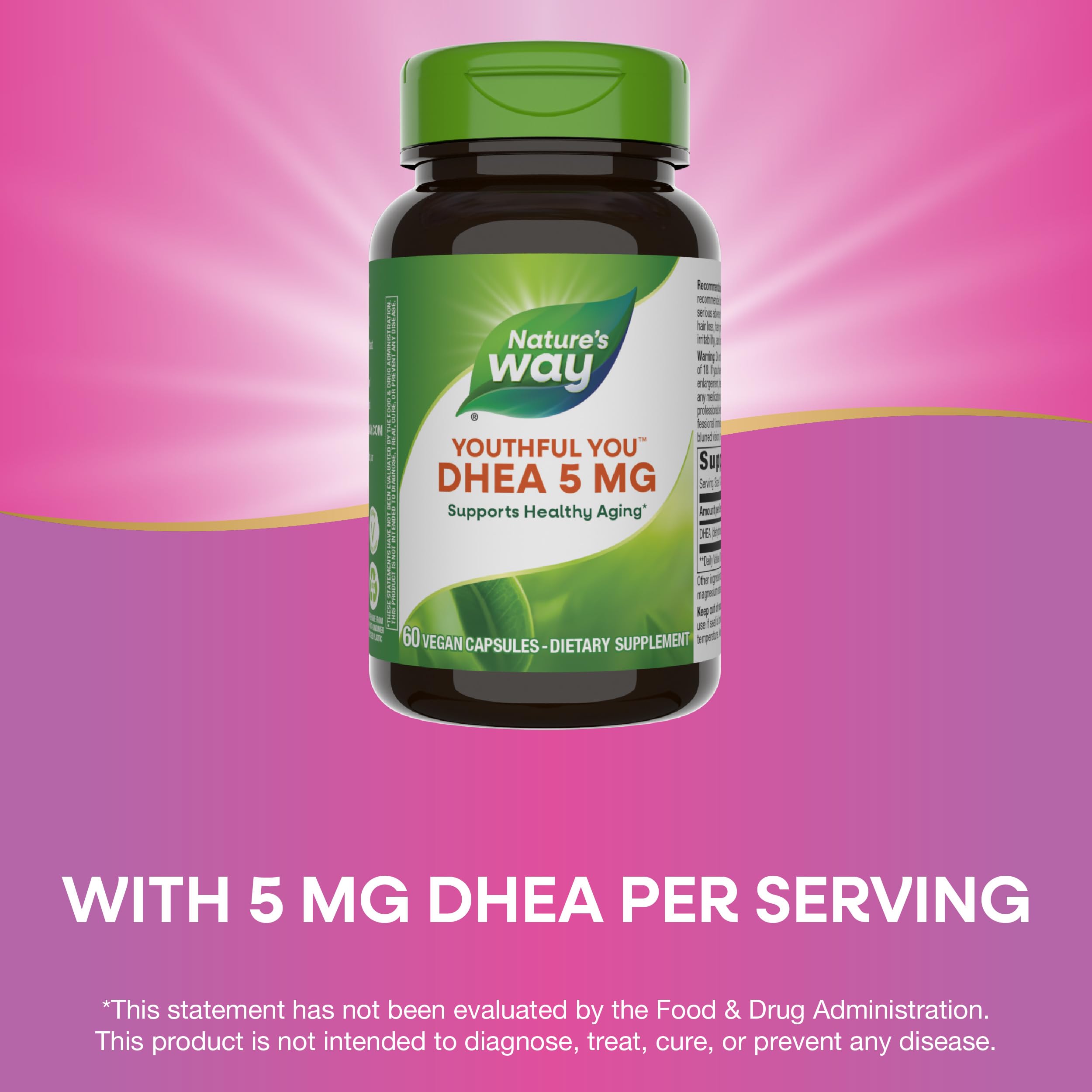 Nature's Way Youthful You DHEA 5 mg capsules arranged for daily ritual