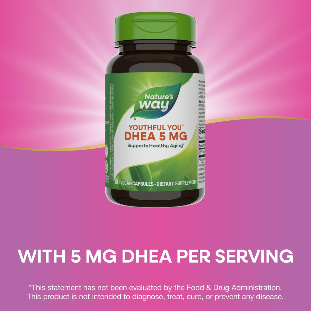 Nature's Way Youthful You DHEA 5 mg capsules being poured for daily use