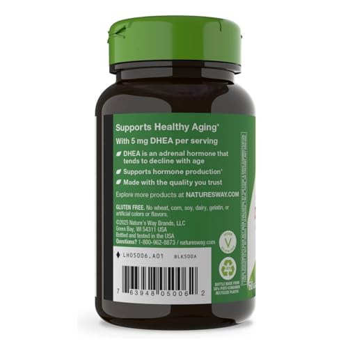 Nature's Way Youthful You DHEA 5 mg capsules shown for easy daily intake