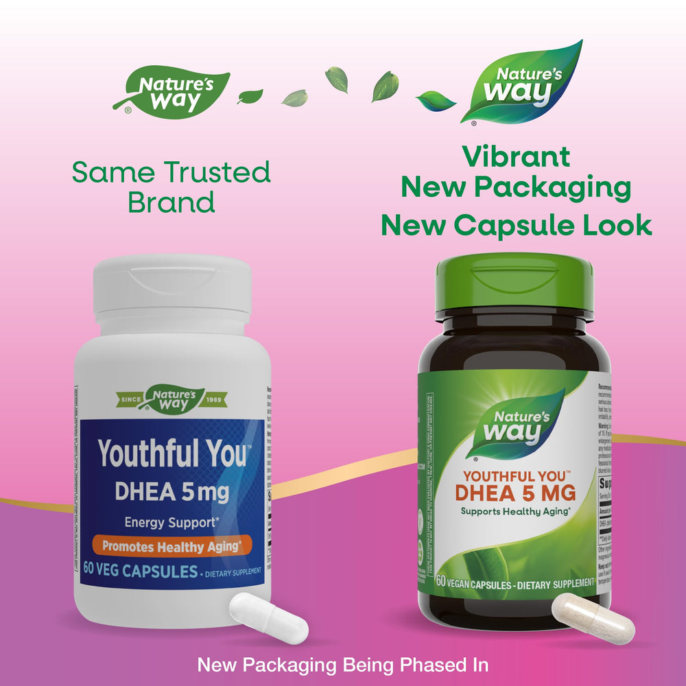 Close-up of Nature's Way Youthful You DHEA 5 mg label highlighting vegan gluten-free features