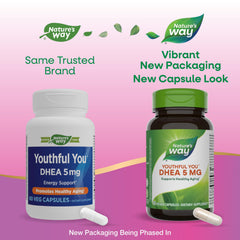 Close-up of Nature's Way Youthful You DHEA 5 mg label highlighting vegan gluten-free features