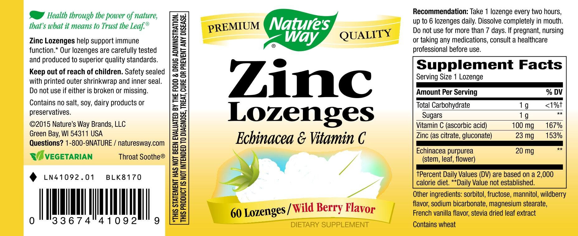 Nature's Way Zinc Lozenges with Echinacea and Vitamin C packaging highlights convenient daily use.