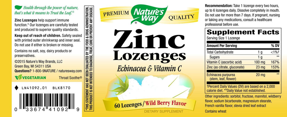 Nature's Way Zinc Lozenges with Echinacea and Vitamin C packaging highlights convenient daily use.
