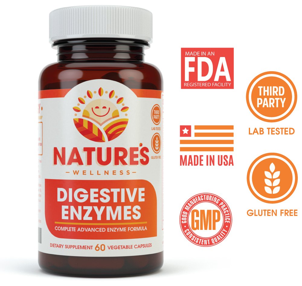 Natures Wellness Digestive Enzymes Complete label shows quality and gluten-free assurance.