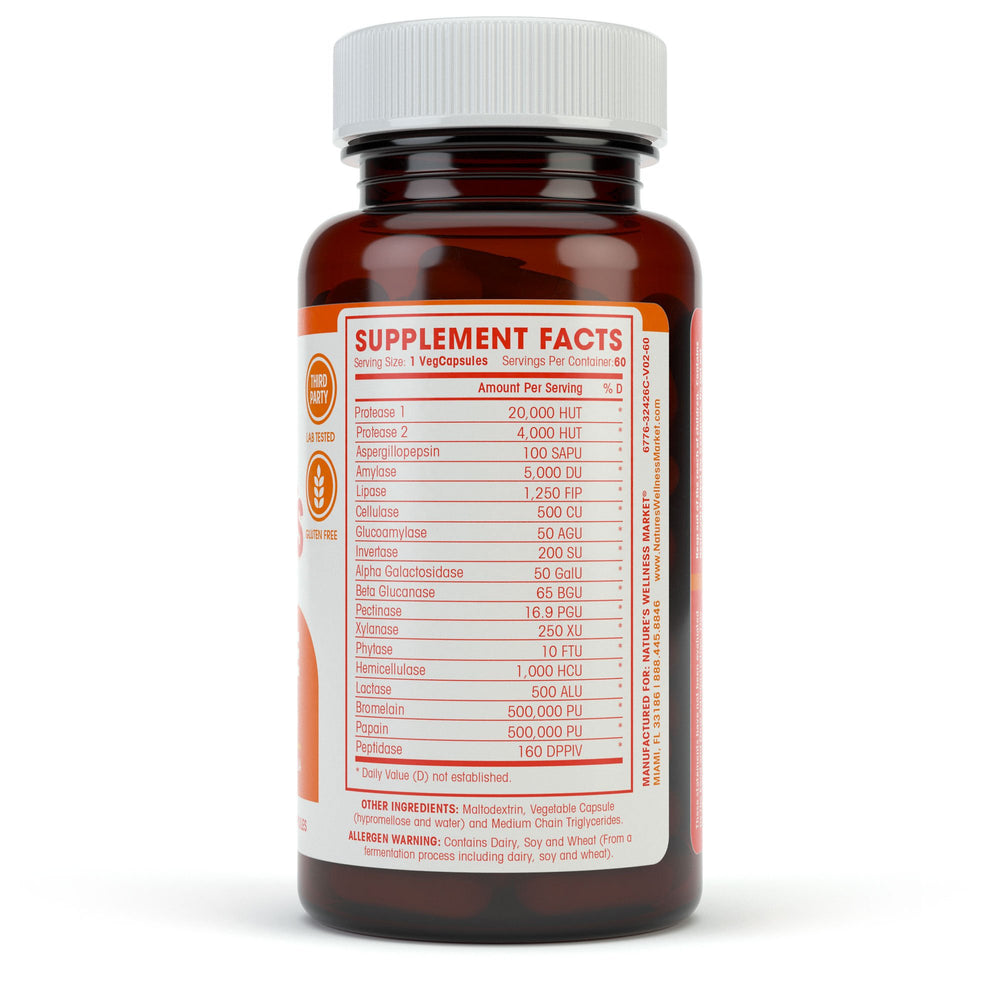 Natures Wellness Digestive Enzymes Complete tablets close-up communicates 18 enzymes included.