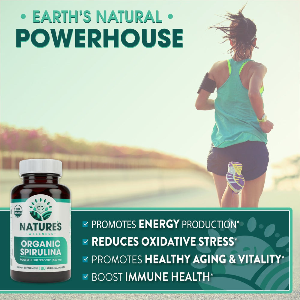 Natures Wellness Spirulina bottle label highlights sustainably grown, pesticide-free production.