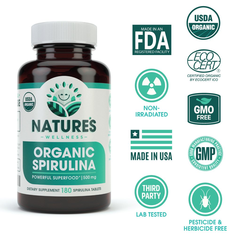 Natures Wellness Spirulina capsules close-up reveals vibrant green color for vegan, gluten-free lifestyles.