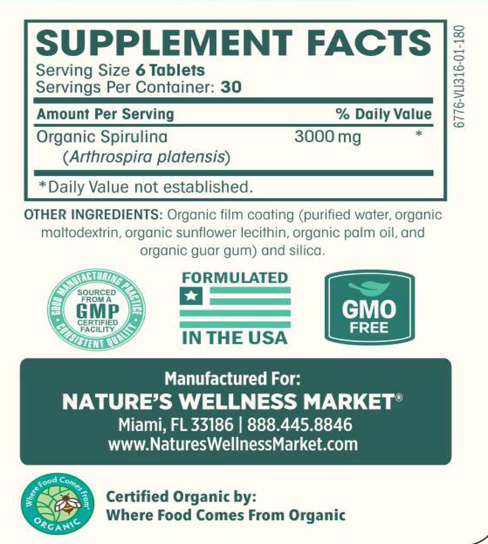 Natures Wellness Spirulina capsules being poured from bottle illustrate easy daily dosing.