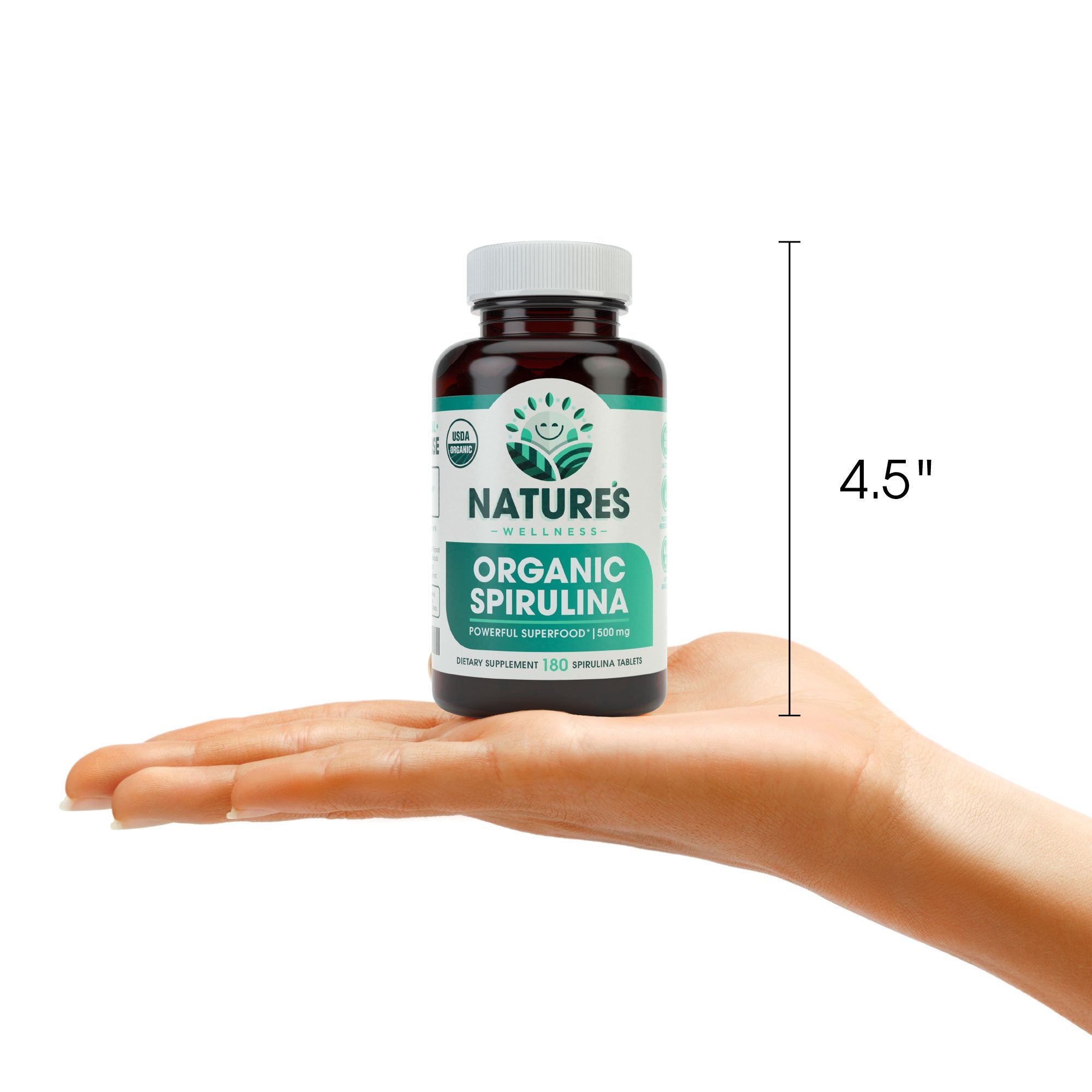 Natures Wellness Spirulina tablet nutrition label highlights 3000mg per serving.