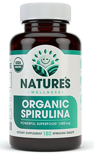 Natures Wellness Spirulina tablets front view with USDA Organic label for daily green nutrition.