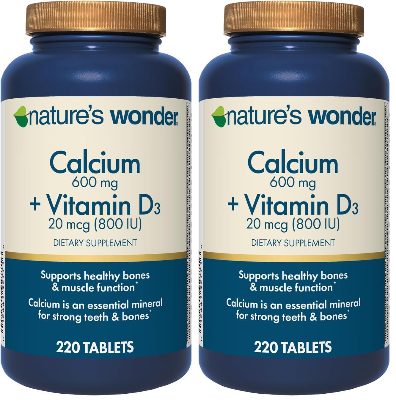 Nature's Wonder Calcium 600 mg bottle front, clear daily bone support visuals