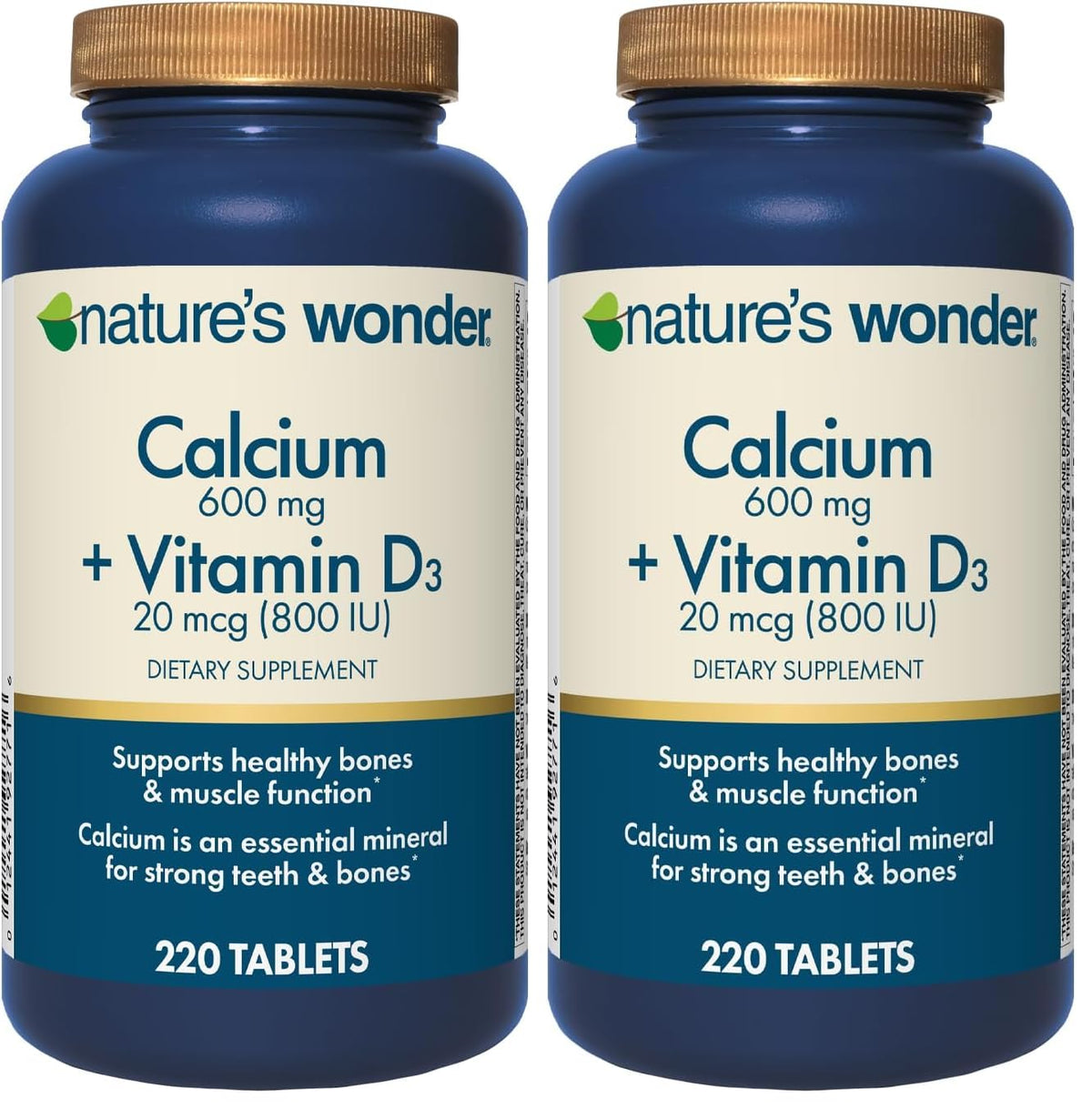 Nature's Wonder Calcium 600 mg bottle front, clear daily bone support visuals