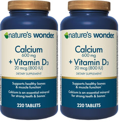 Nature's Wonder Calcium 600 mg bottle front, clear daily bone support visuals