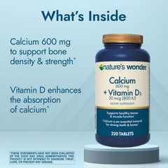 Nature's Wonder Calcium + D3 bottle label highlights vitamin D3 absorption