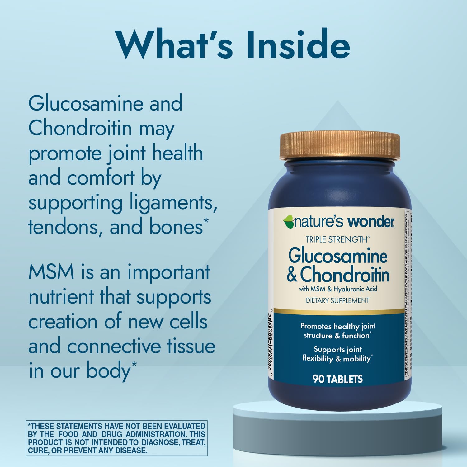 Nature's Wonder MSM tablets close-up showing supplement texture and size.