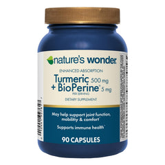 Nature's Wonder Turmeric bottle front showing logo and 500mg formula for enhanced absorption