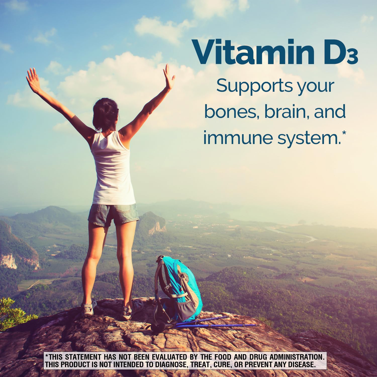 Nature's Wonder Vitamin D3 bottle emphasizing bone health benefits.