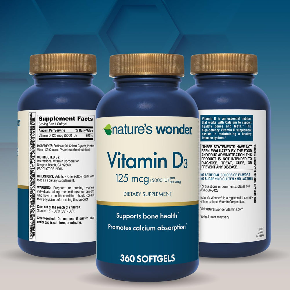 Nature's Wonder Vitamin D3 shown as immune support-friendly supplement.