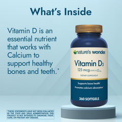 Nature's Wonder Vitamin D3 label close-up showing 360-count packaging.