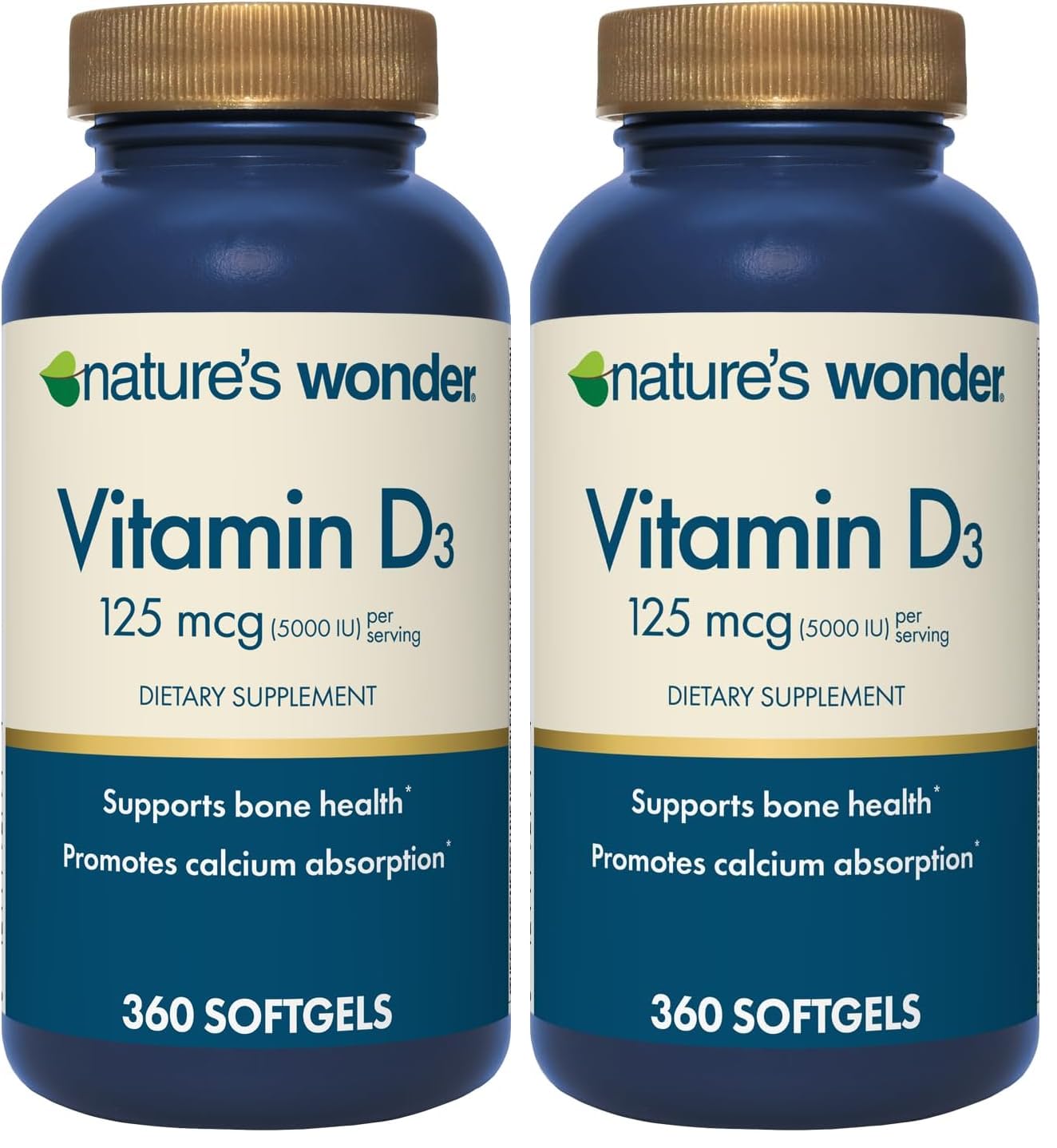 Nature's Wonder Vitamin D3 softgels bottle on shelf suggesting bone support.