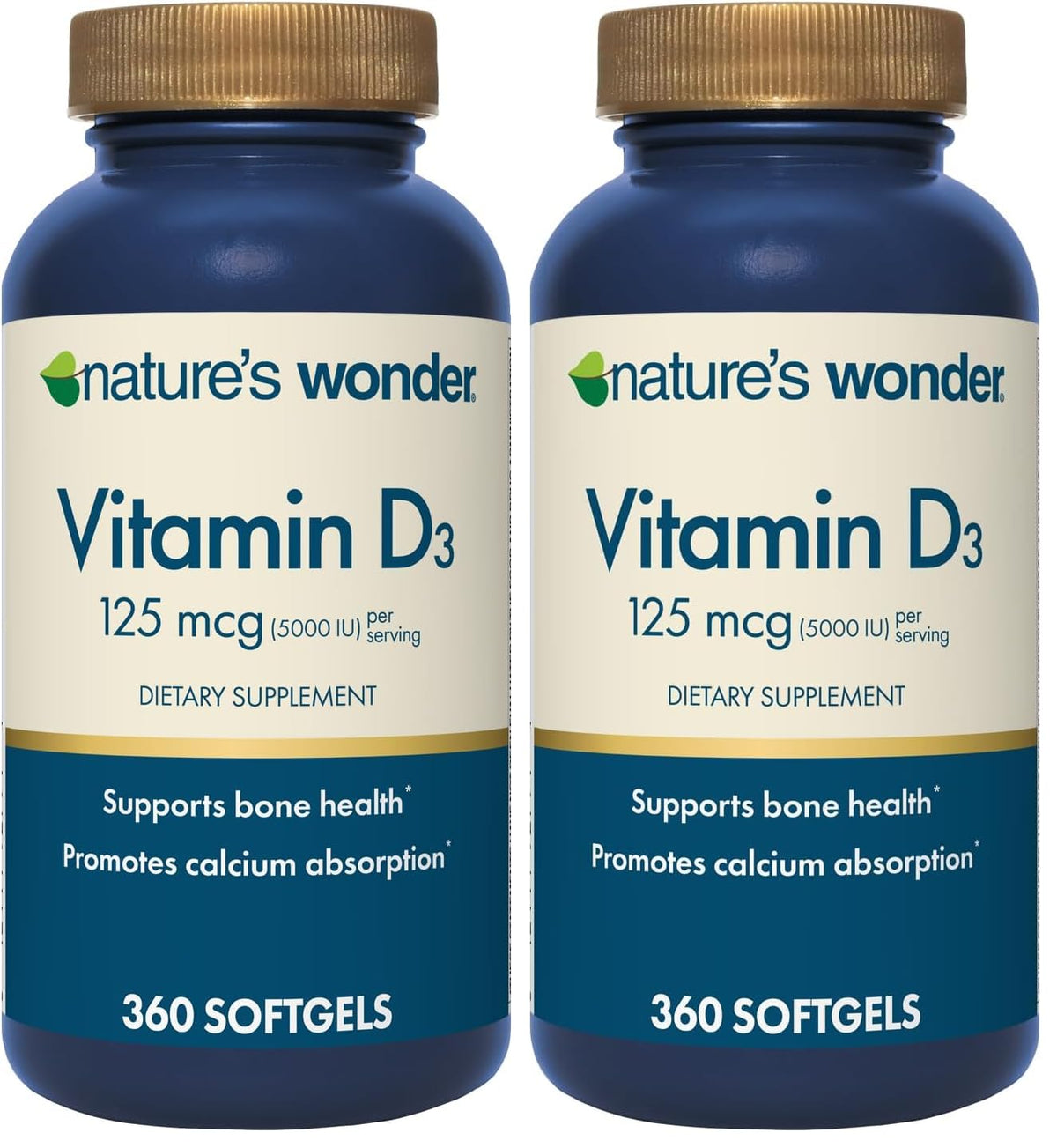 Nature's Wonder Vitamin D3 softgels bottle on shelf suggesting bone support.