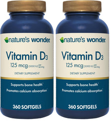 Nature's Wonder Vitamin D3 softgels bottle on shelf suggesting bone support.