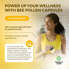 Natures Craft Bee Pollen granules closeup highlights natural nutrients and aroma.