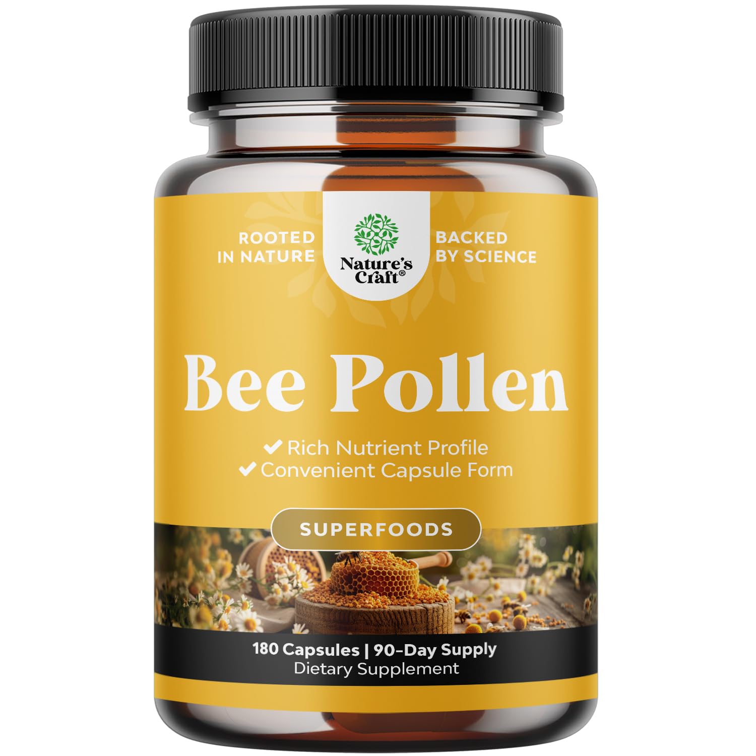 Natures Craft Bee Pollen Pills bottle displays 180 count for daily wellness.