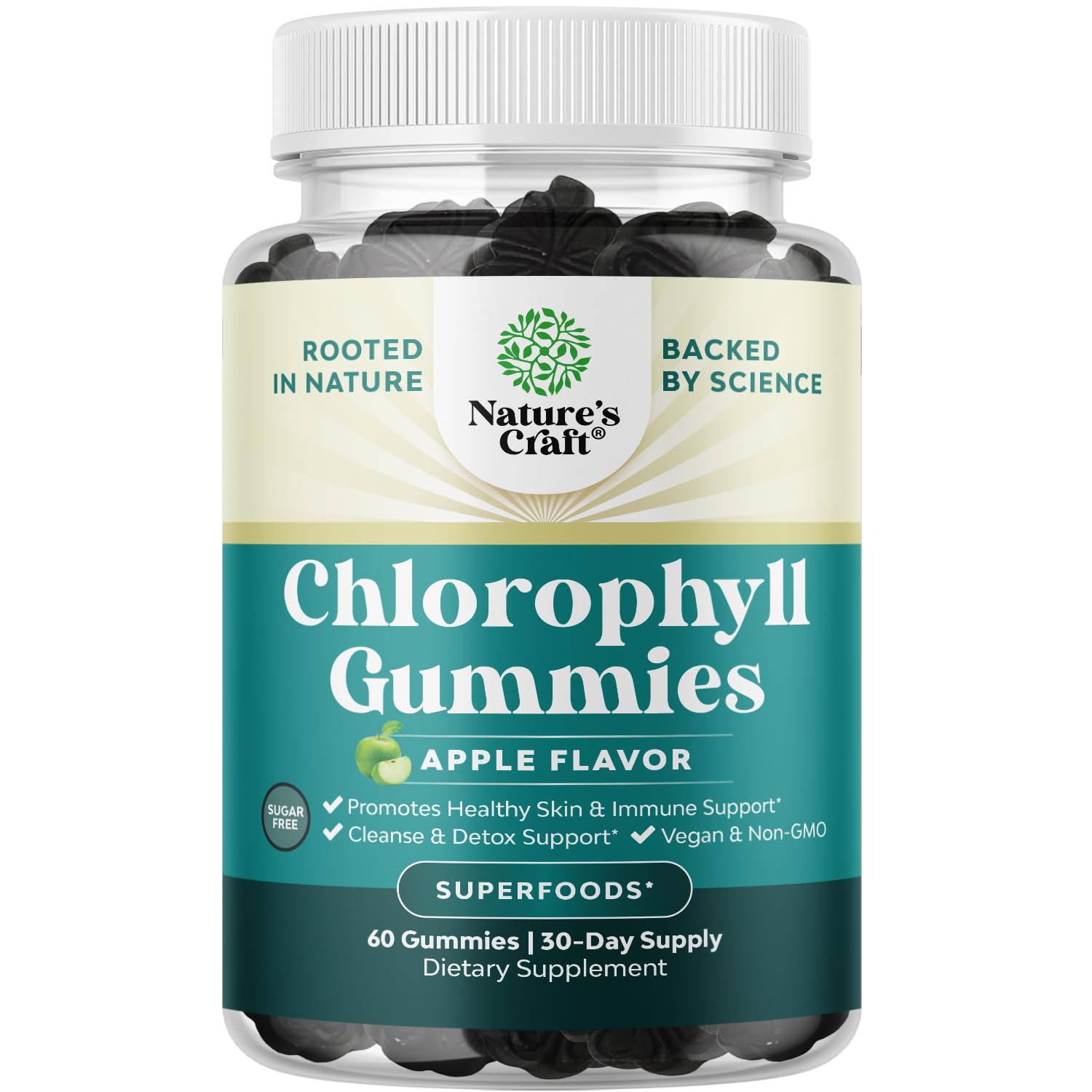 Natures Craft Chlorophyll Gummies bottle front showcases detox support in a tasty form.