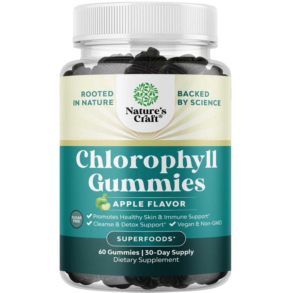 Natures Craft Chlorophyll Gummies bottle front showcases detox support in a tasty form.
