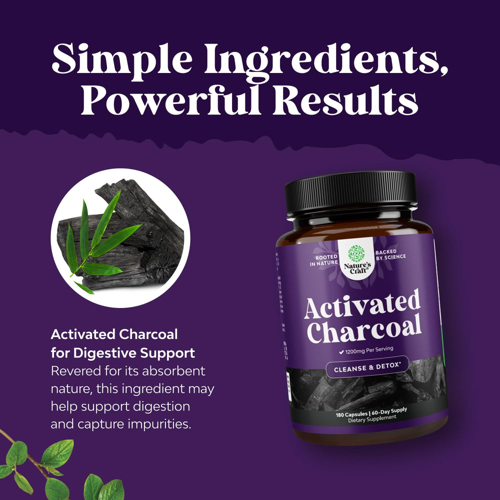 Natures Craft coconut charcoal pills illustrating porous absorbent surface for impurities.