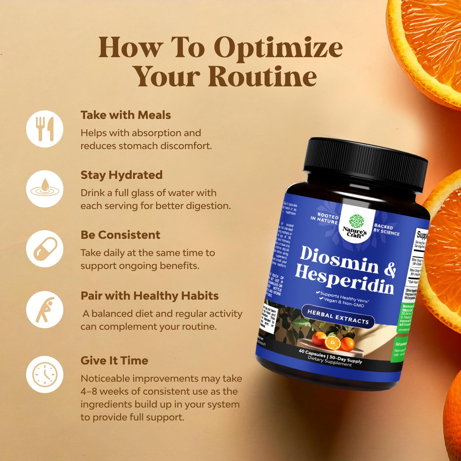 Natures Craft Diosmin Hesperidin label detail underscores citrus bioflavonoids for vascular wellness